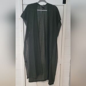 Open Weave Open Front Longline Duster Coverup In Olive Green